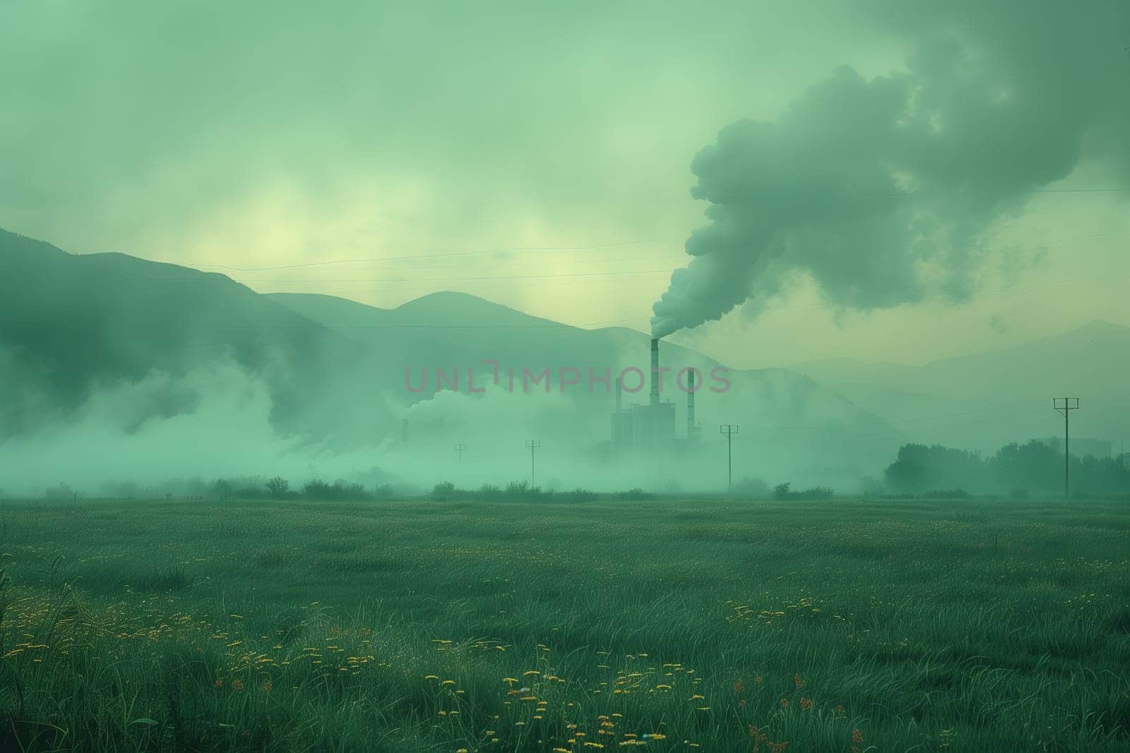 Smoke billowing from factory pollutes sky in natural landscape by richwolf