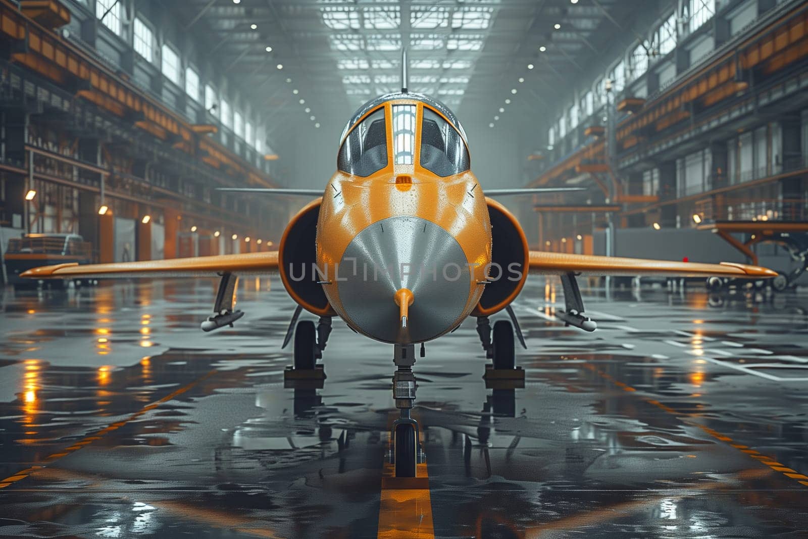 a fighter jet is parked in a hangar by richwolf