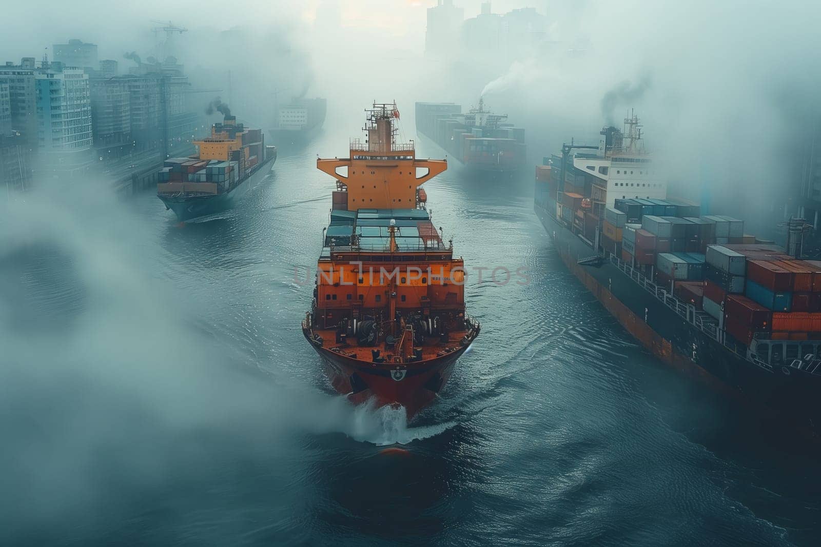 a group of cargo ships are floating on top of a body of water by richwolf