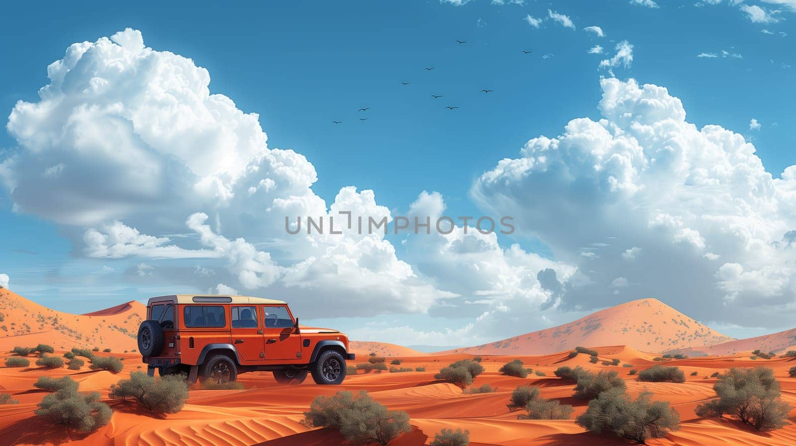 An orange truck is parked in the middle of an arid ecoregion, with the vast desert landscape stretching beyond under a clear blue sky with fluffy clouds