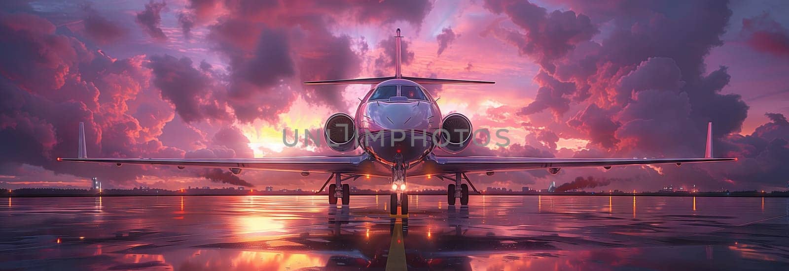 The purple sky faded into magenta hues as the plane sat on the wet runway at sunset, surrounded by a landscape of water reflecting the automotive lighting