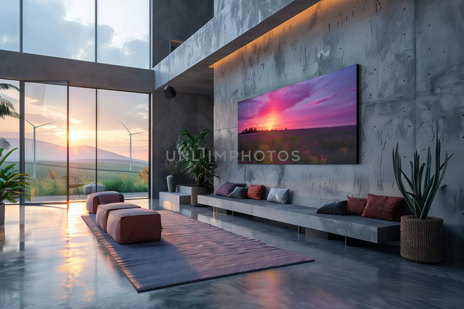 A cozy living room with a spacious flat screen TV mounted on the wall. The interior design features wood flooring and a houseplant adding a touch of nature to the space