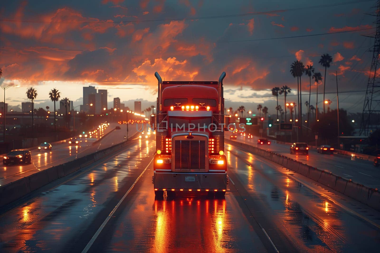 Semi truck cruising down highway at night under cloudy sky by richwolf