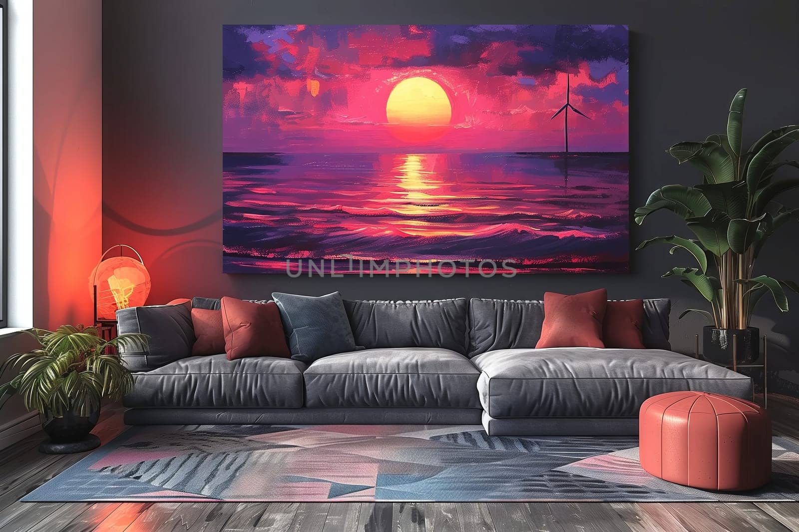 An interior design featuring a couch facing a painting of a sunset over the ocean, creating a calming atmosphere with the light reflecting on the water