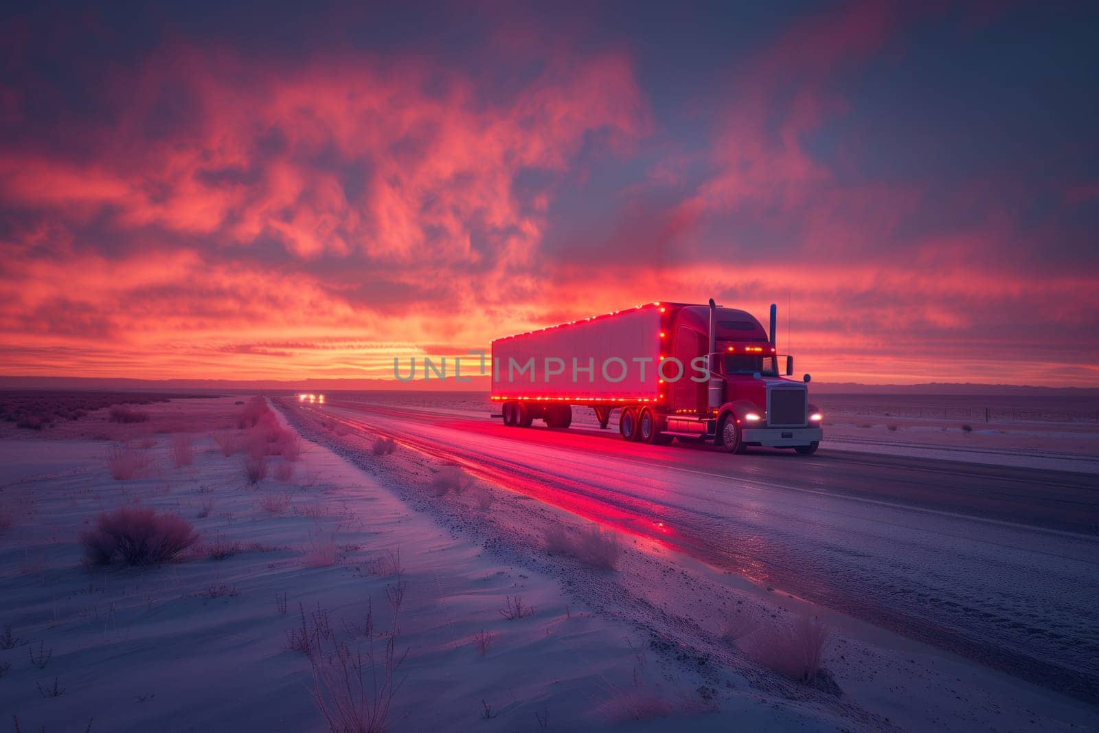 A truck is rolling down a snowy highway under a sunset sky, with clouds reflecting automotive lighting off its tires and wheels