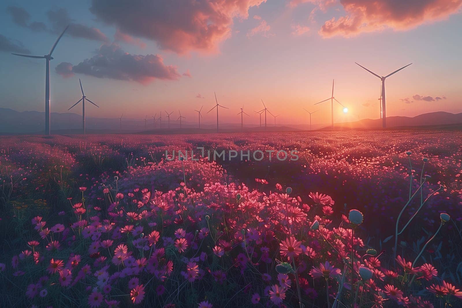 Purple flowers in field, windmills against sunset sky by richwolf