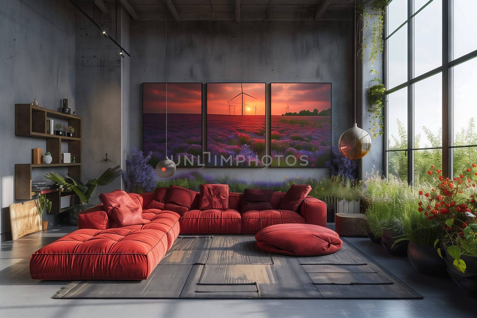 Living room with red sectional couch, wall painting, and cozy interior design by richwolf