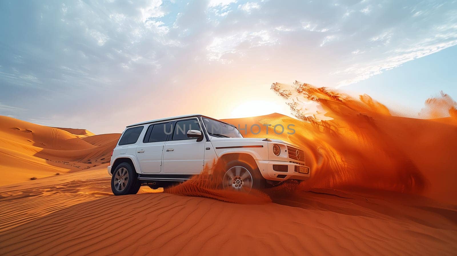 White SUV with tires rolling across sandy desert terrain by richwolf