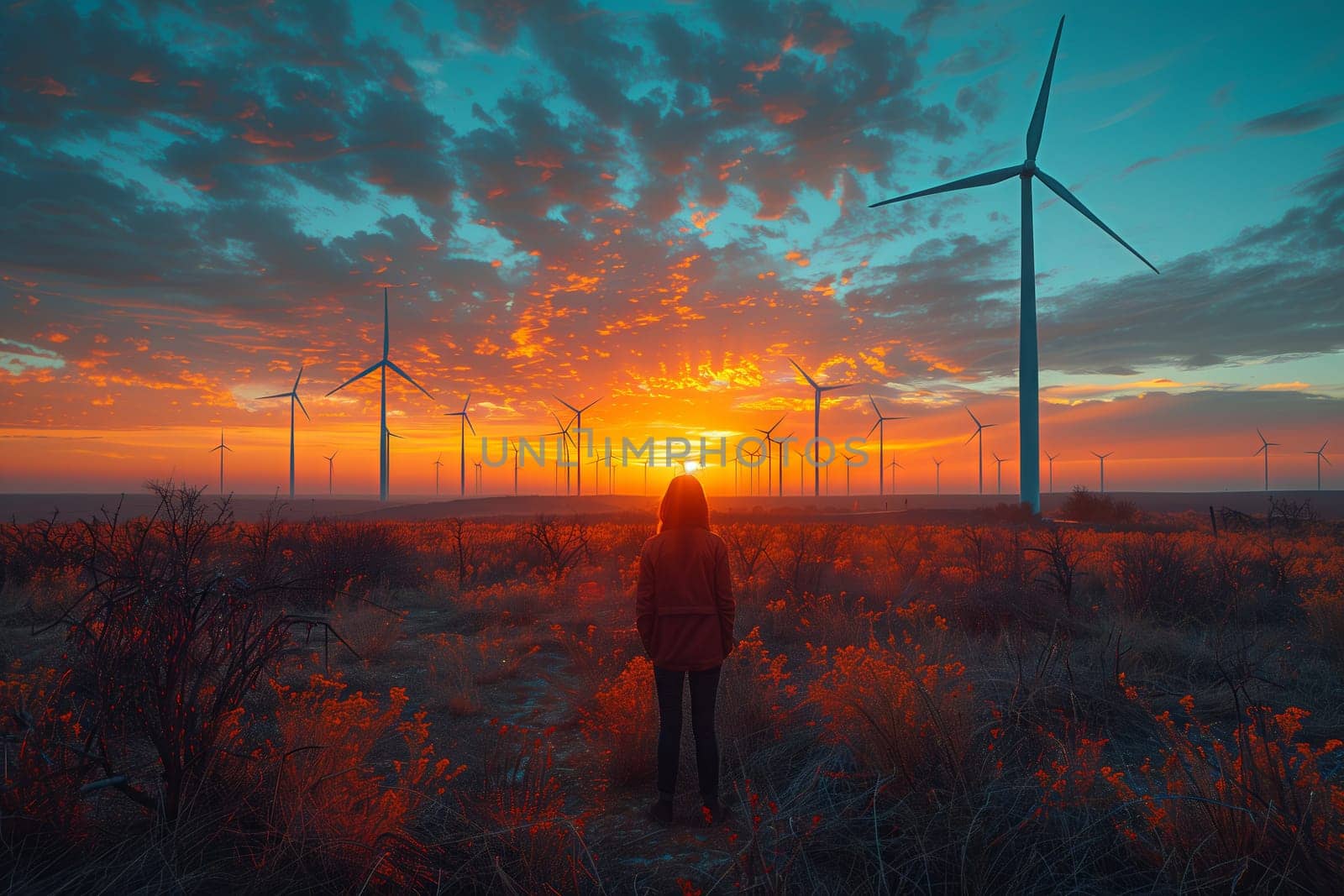 A woman is surrounded by wind turbines in a natural landscape at sunset, with a red sky afterglow and orange lighting. The atmosphere is peaceful and filled with electricity