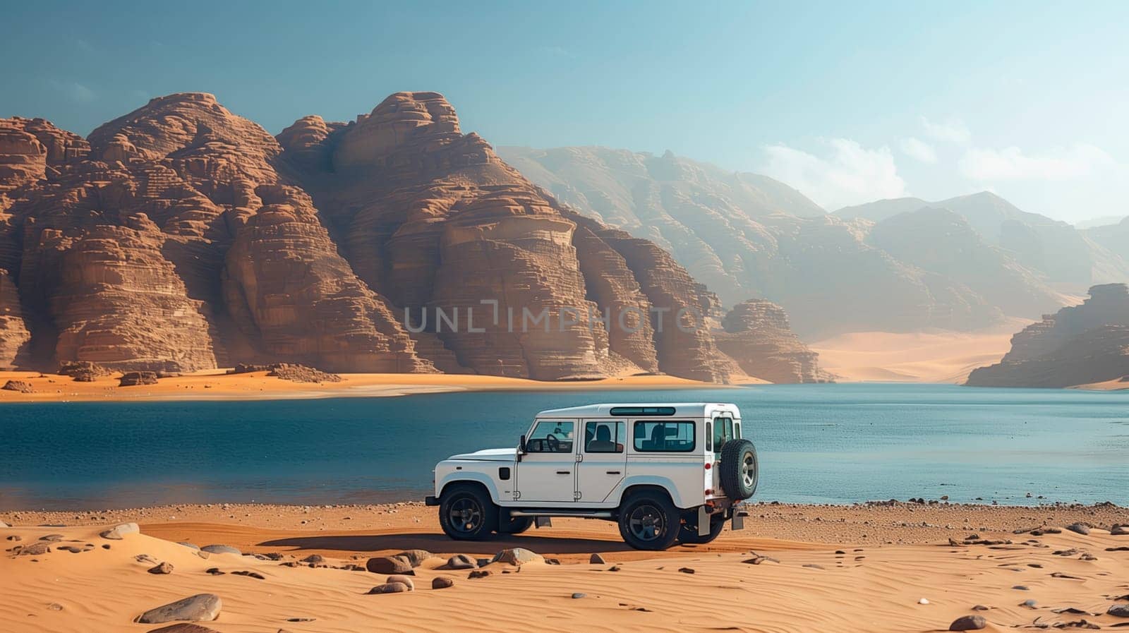 A white jeep is parked on the sandy beach next to the calm lake, with majestic mountains in the background under the clear blue sky