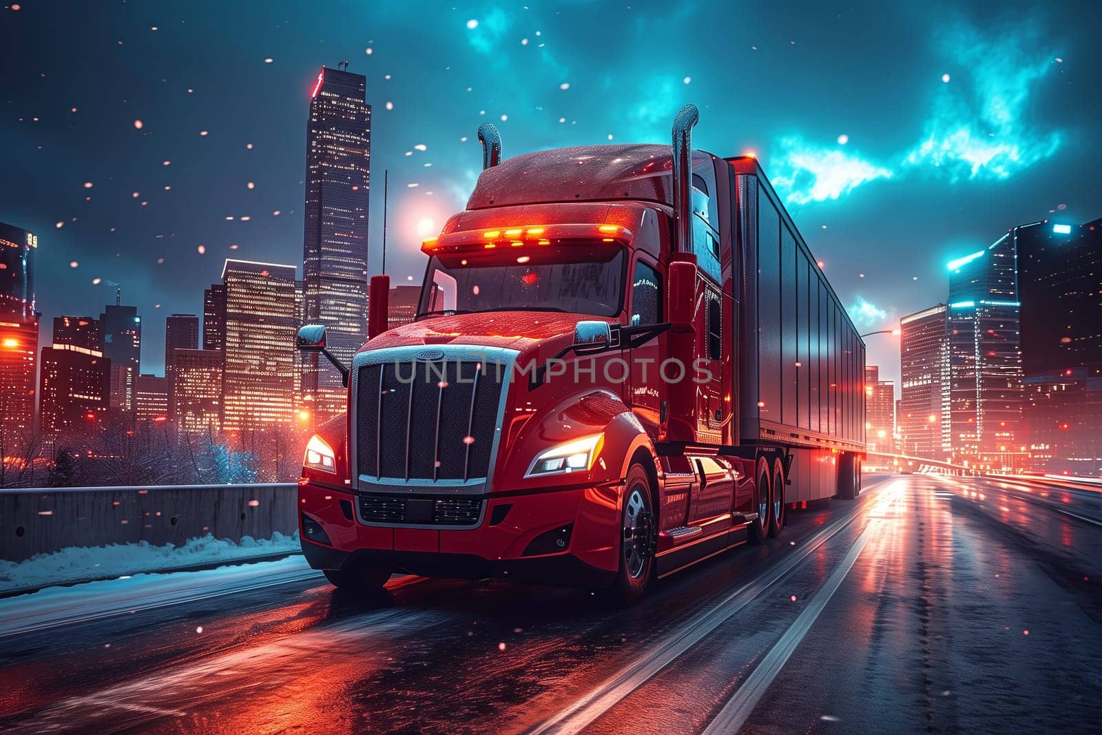 A red semi truck with bright automotive lighting is moving along a snowcovered highway under a starry sky at night