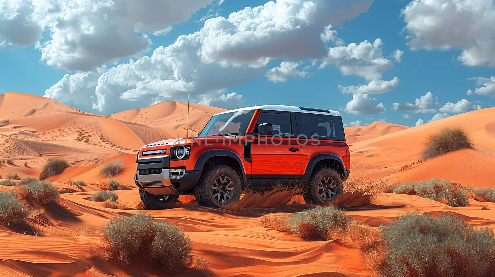 A red Land Rover Defender with rugged tires is parked amidst the desert with only the vast sky and clouds as companions. The vehicles fender and wheel stand out against the sandy terrain