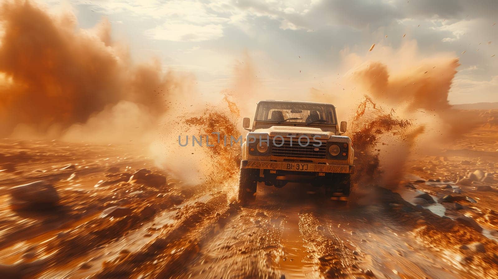 a jeep is driving down a dirt road in the desert . High quality