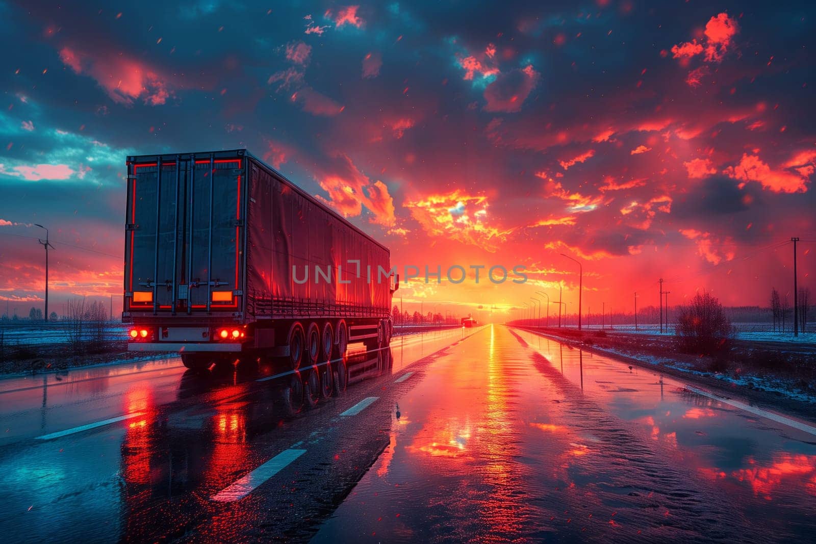Semi truck driving through wet highway at sunset under afterglow sky by richwolf