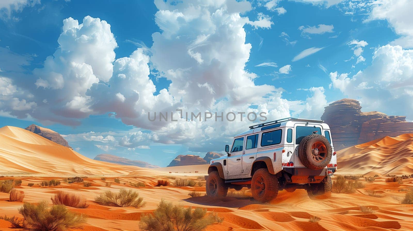 A white vehicle, resembling a jeep, is cruising along a dusty desert road under a clear blue sky with fluffy clouds, kicking up dust with each tire rotation