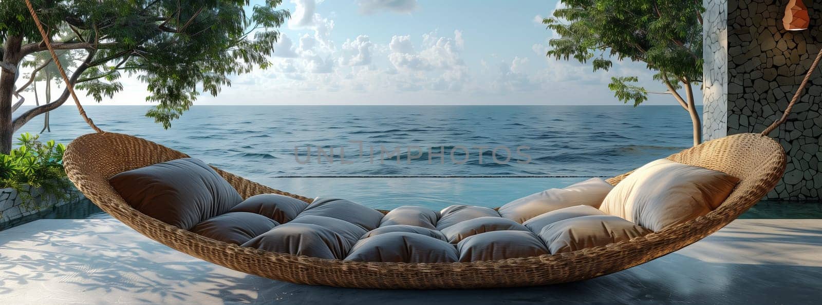 Artistic wicker hammock suspended from a tree, with a view of the ocean, blending harmoniously with the natural landscape of water, sky, and wind waves