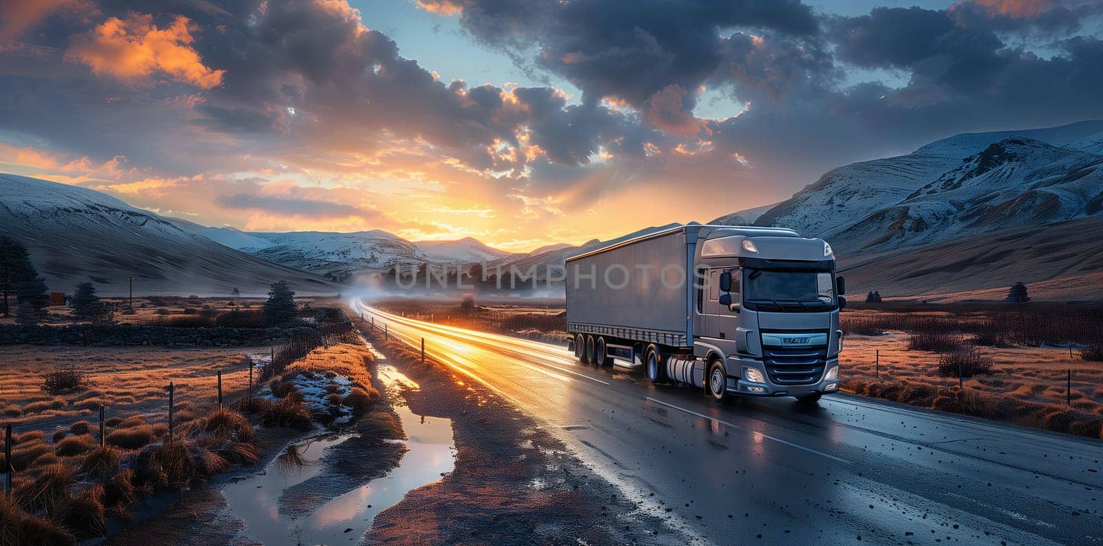 A vehicle travels on wet mountain road at sunset, with clouds in the sky by richwolf
