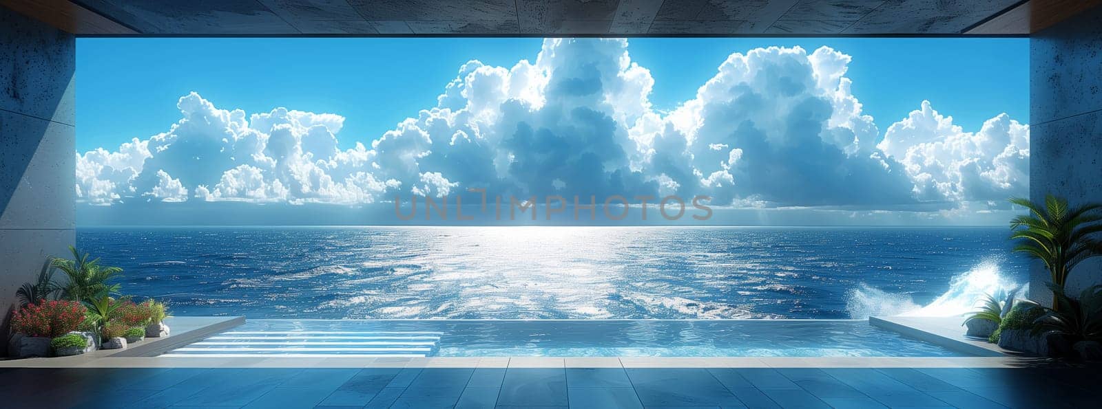 A room with a view of the ocean showcasing the horizon where water meets the sky, with fluffy cumulus clouds enhancing the natural landscape