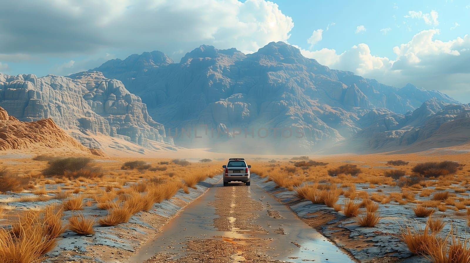 A car is traversing an unpaved road in the desert, with mountains towering in the background under a clear sky