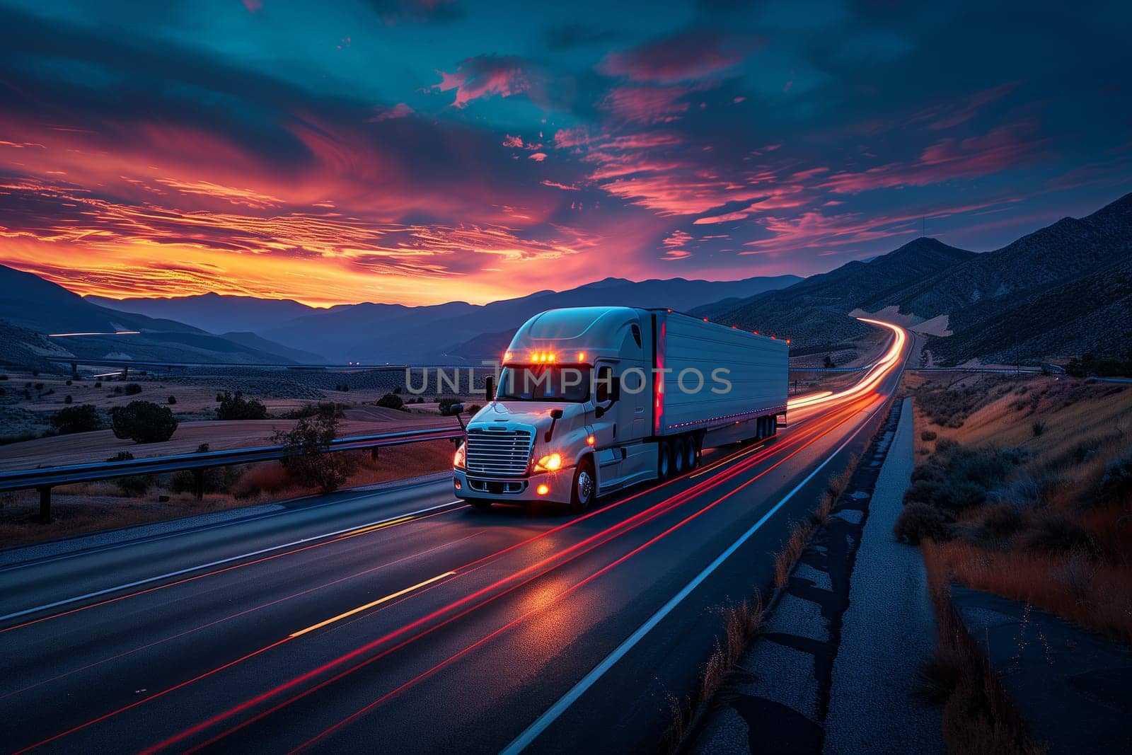 A semi truck rolls down the asphalt highway at sunset, with the sky painted in beautiful hues of orange and pink