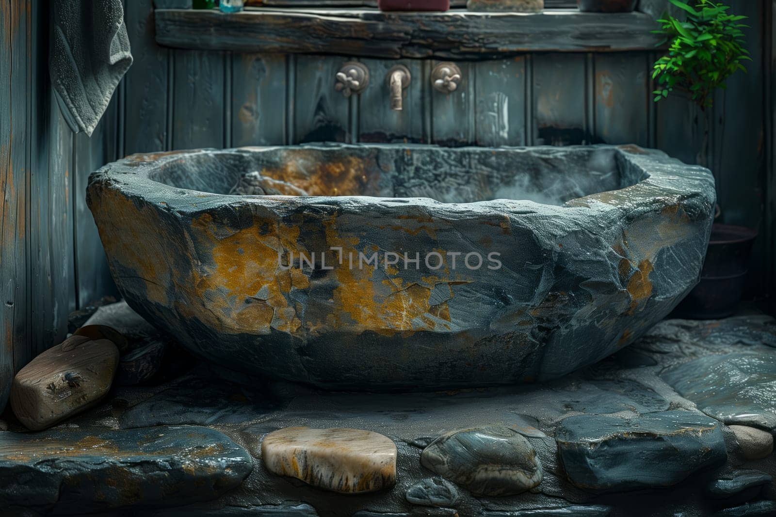 A gaspowered water feature made of bedrock is the centerpiece in the bathroom, with a large stone bathtub on a counter. The landscape includes wood accents and rocky art