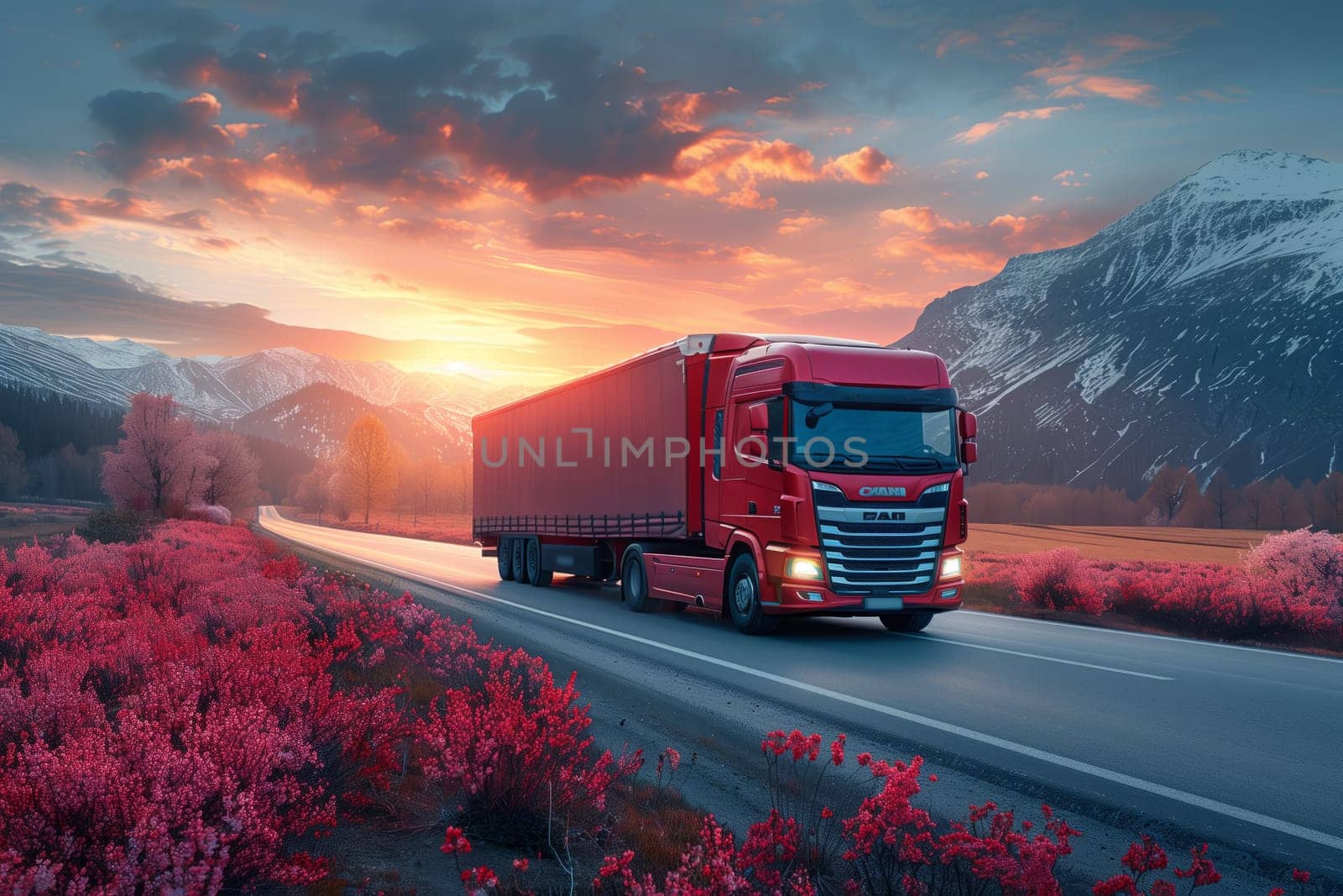 Red semi truck drives on mountain road at sunset with clouds in sky by richwolf