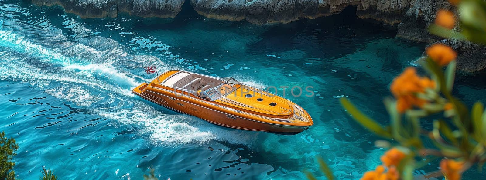 A yellow watercraft is gently floating on the shimmering liquid surface of a peaceful body of water, providing a tranquil scene in the natural landscape