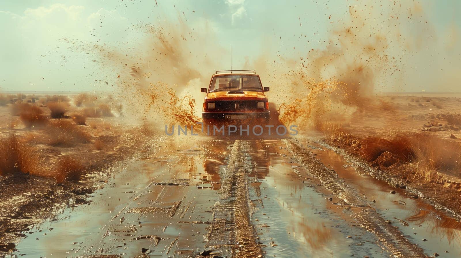 An automotive tire leaves tracks on a muddy desert road, creating a unique landscape art piece with splashes of water and paint