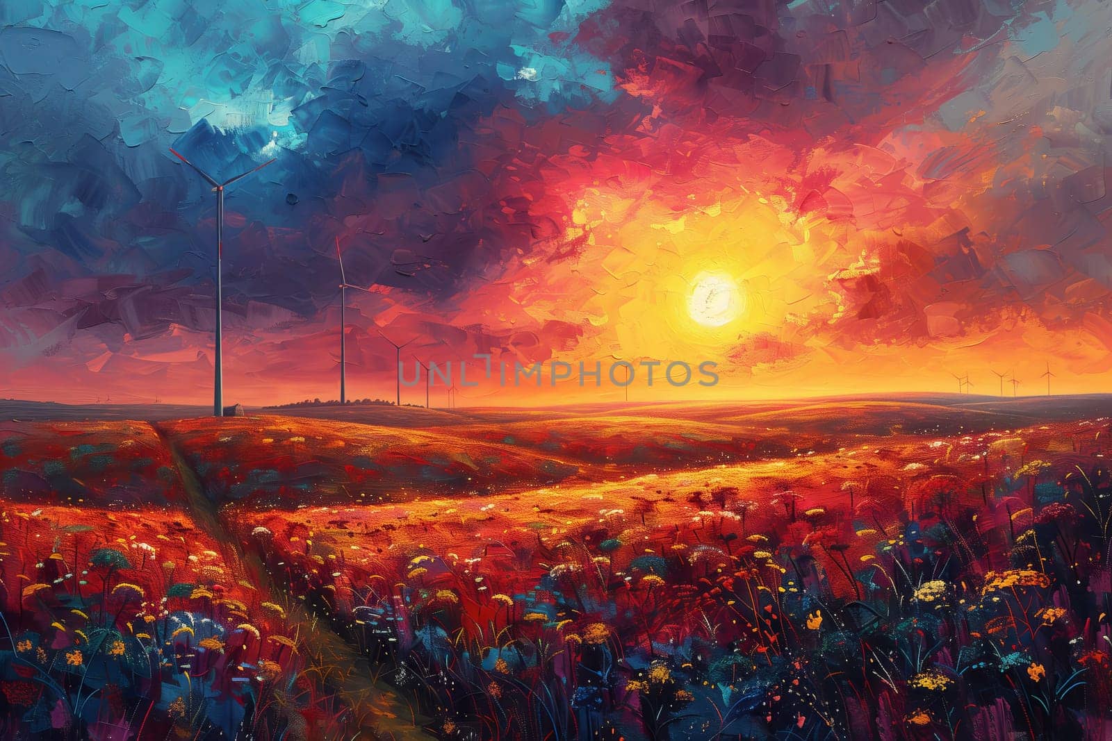 An art piece depicting a grassland with colorful flowers under a sunset sky by richwolf