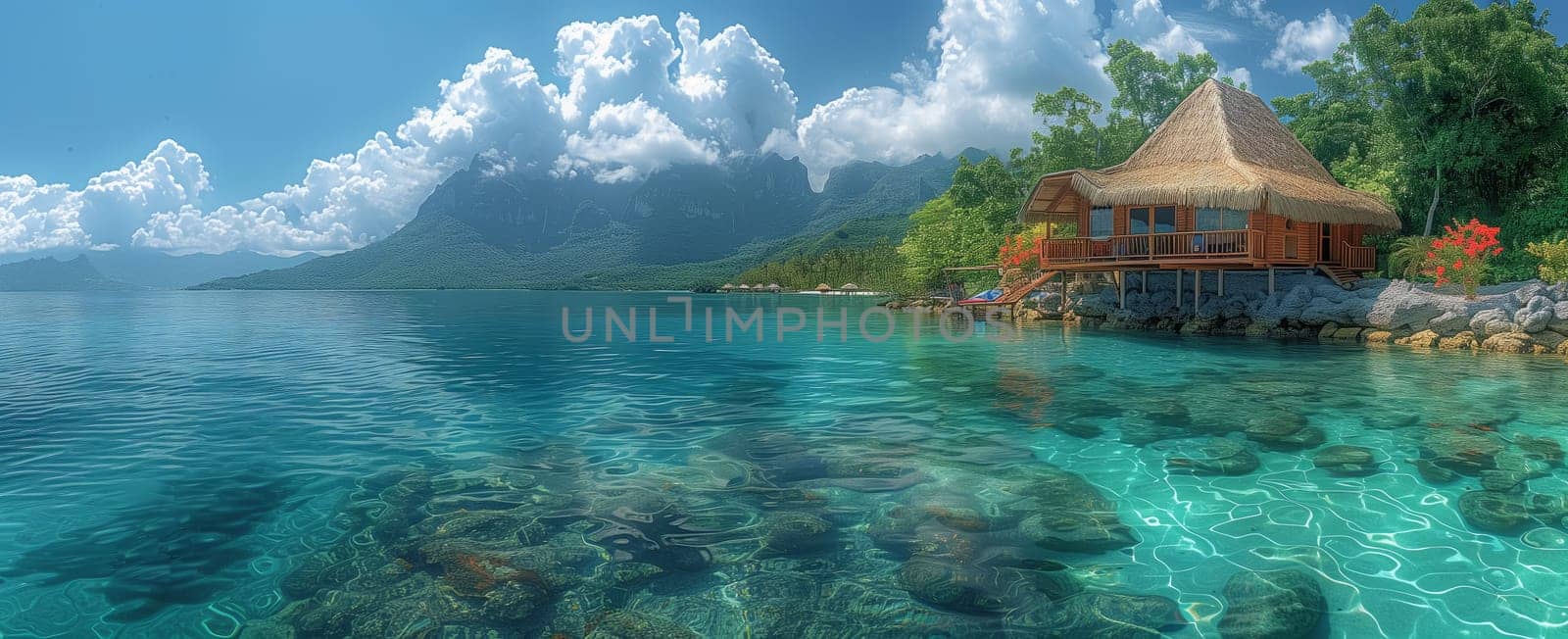A solitary hut sits amidst the vast expanse of the ocean, surrounded by nothing but water, sky, and fluffy cumulus clouds. A majestic and peaceful natural landscape