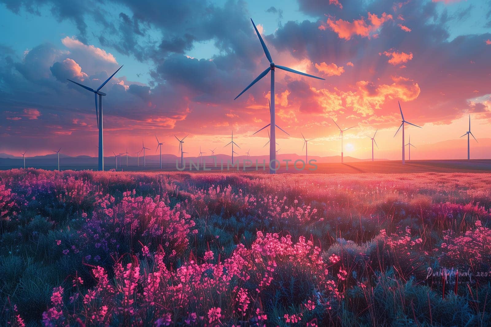 Natural landscape with wind turbines at sunset creating a picturesque atmosphere by richwolf