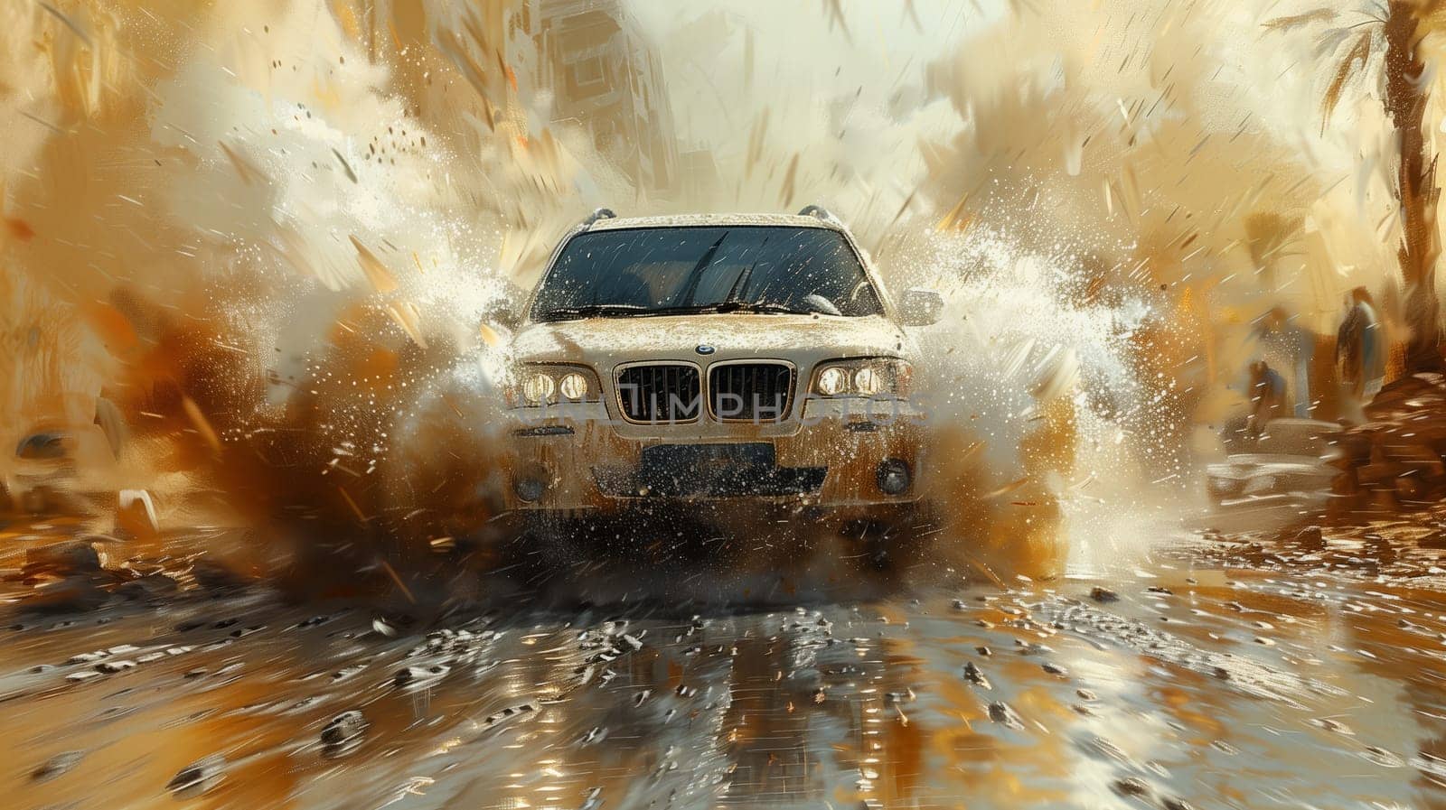 A white SUV navigates through a rugged, muddy road with water splashing on its tires. The vehicles hood is covered in mud as it showcases its offroad capabilities