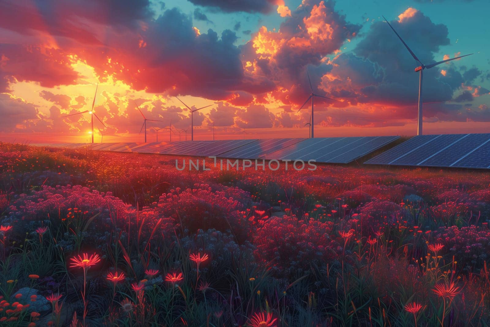 A natural landscape with fields of flowers, windmills, and solar panels under the colorful afterglow of the sunset sky, with clouds scattered across the atmosphere