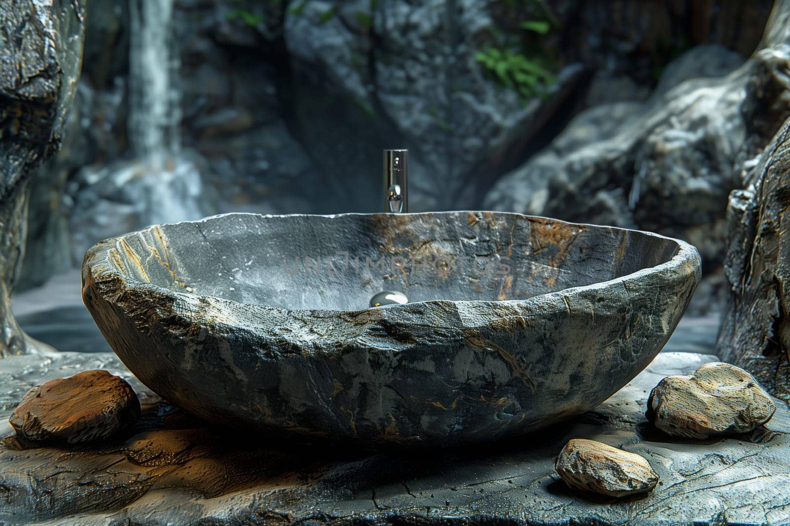 A stone sink is placed in front of a majestic waterfall, blending natural materials with the fluidity of water in a stunning tableau