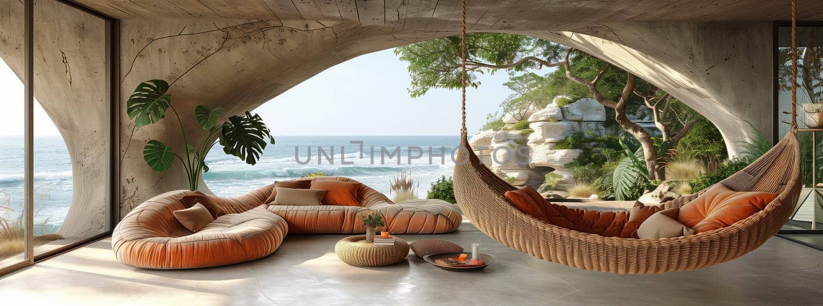 A cozy living room with a hammock hanging from the ceiling, offering a stunning view of the ocean through a large window