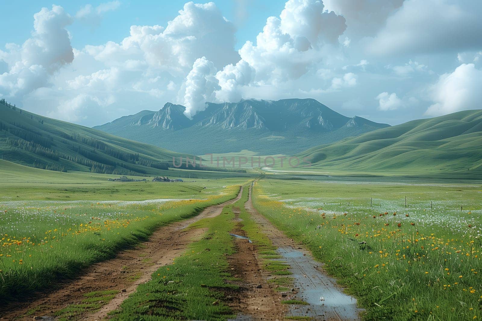 A dirt road passes through a grassy ecoregion with mountains in the background by richwolf