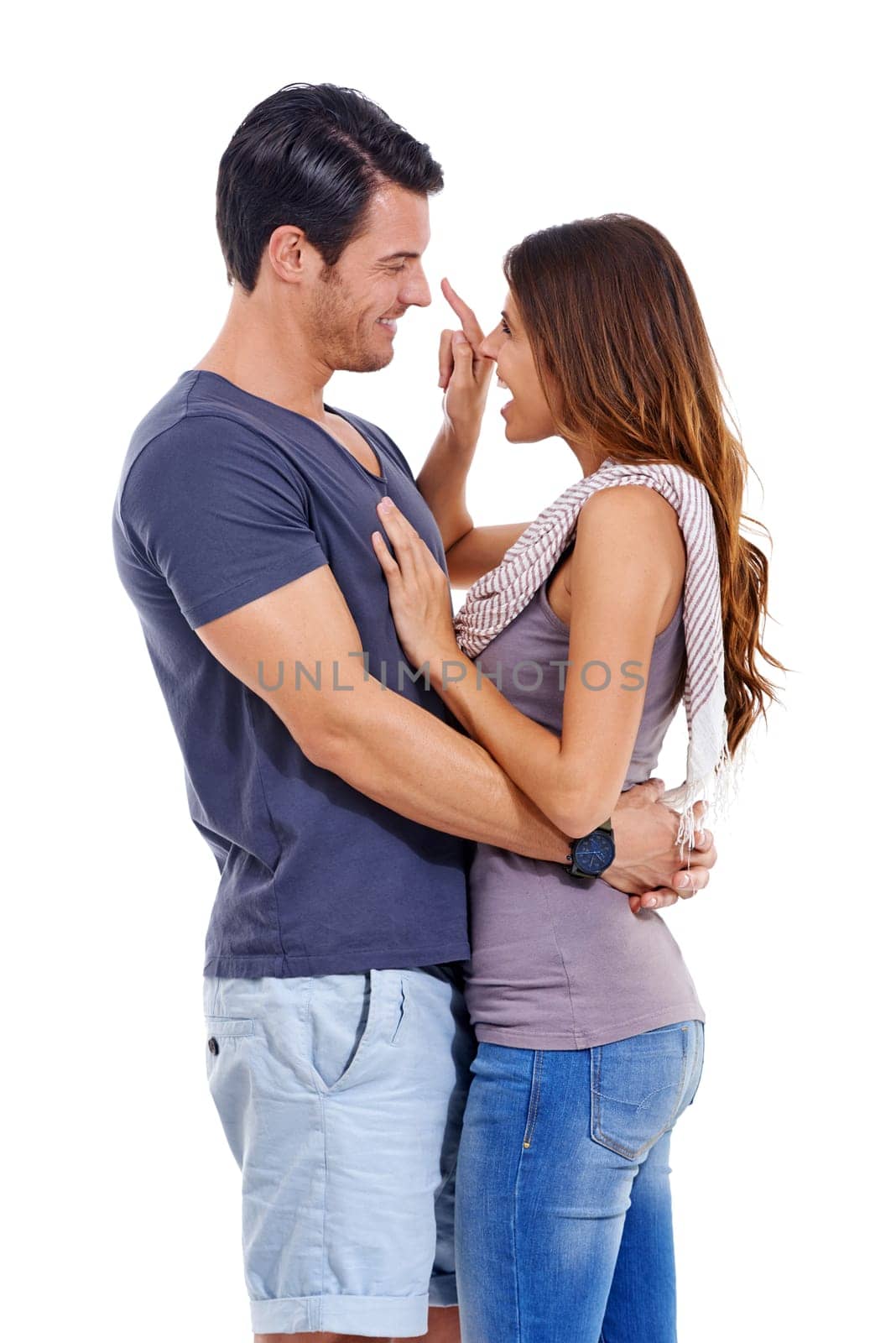 Flirt, conversation and couple with love, romance and happiness isolated on a white studio background. Marriage, man and woman with hug and relationship with commitment, playing and bonding together.