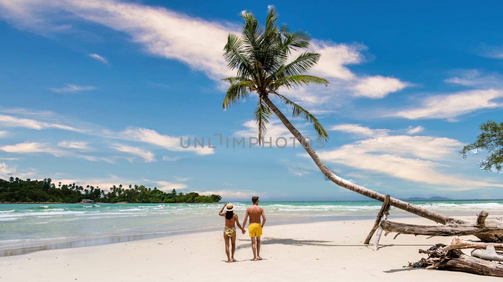 A couple is enjoying a moment on a sandy beach under a palm tree, with the sound of crashing waves in the background. The sky is clear with fluffy clouds, natural landscape in Koh Kood Thailand