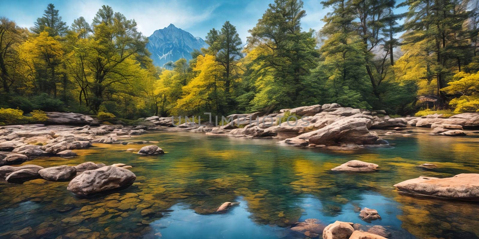 A tranquil mountain river mirrors towering peaks on a clear day, its calm waters reflecting the beauty of the majestic scenery. Generative AI.