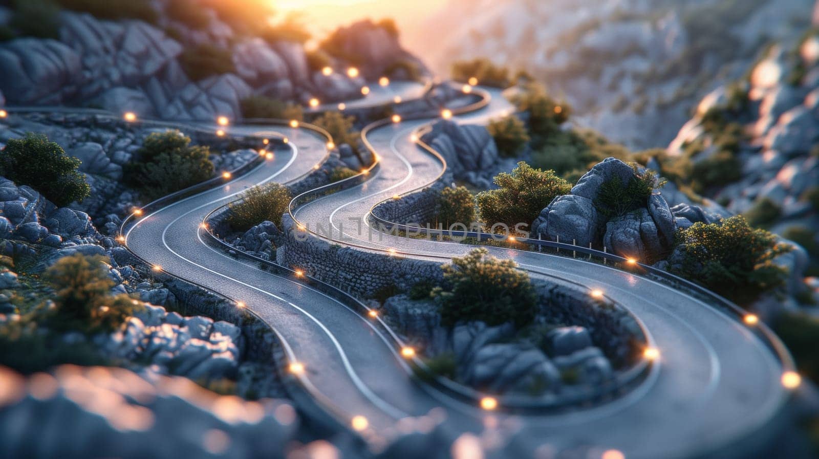 A winding road with lights on it in the mountains