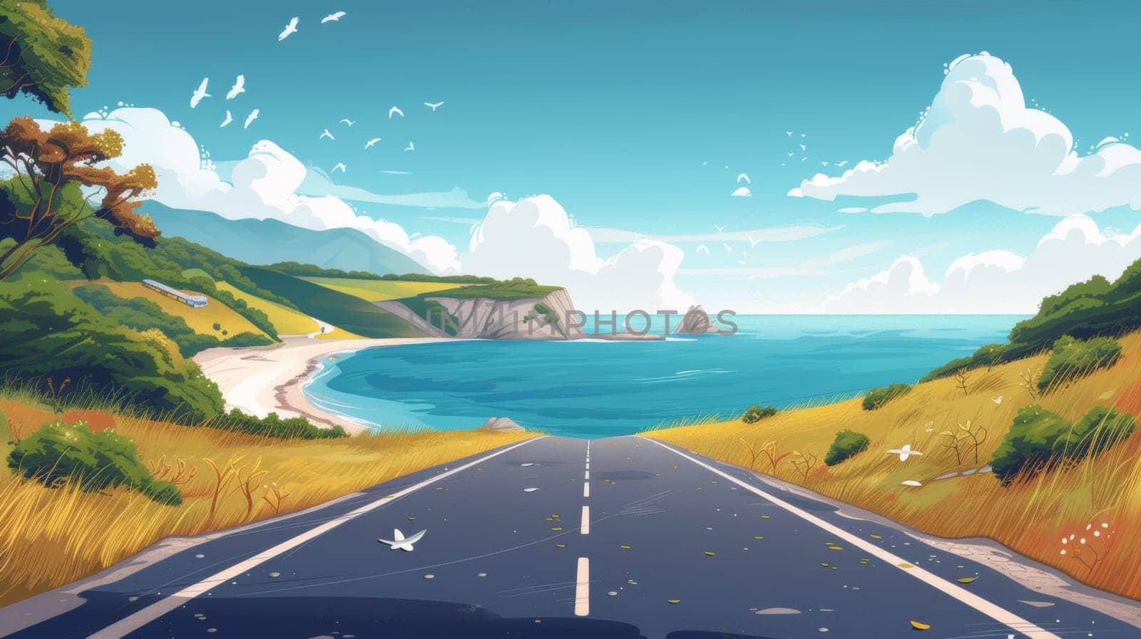 A cartoon illustration of a road leading to the ocean