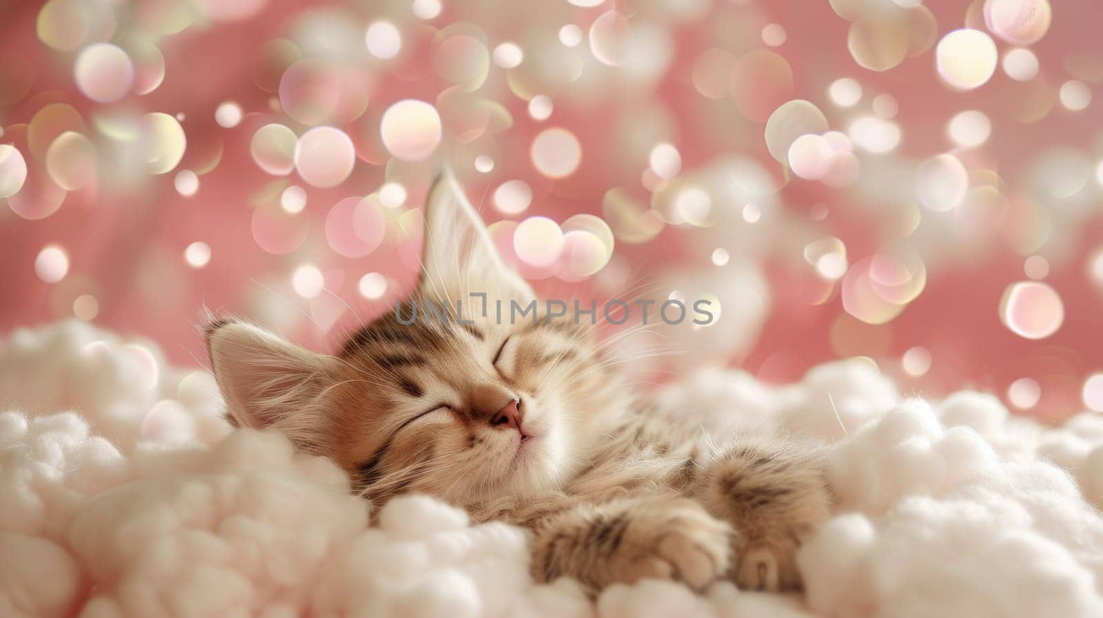 A kitten sleeping on a fluffy cloud of cotton balls