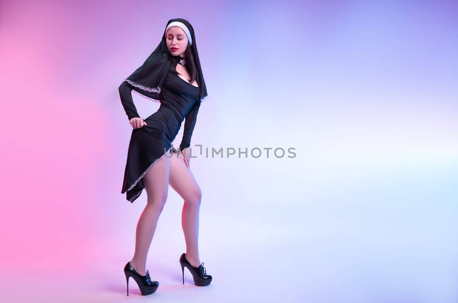 A nun girl in a sexy dress defiantly poses naked on a neon background of a copy paste by Rotozey