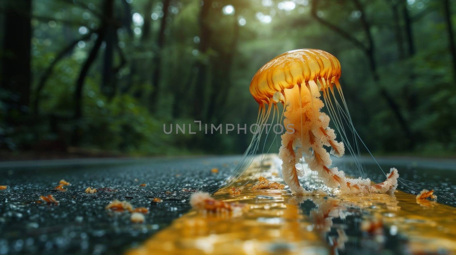 A jellyfish is on the road in a forest