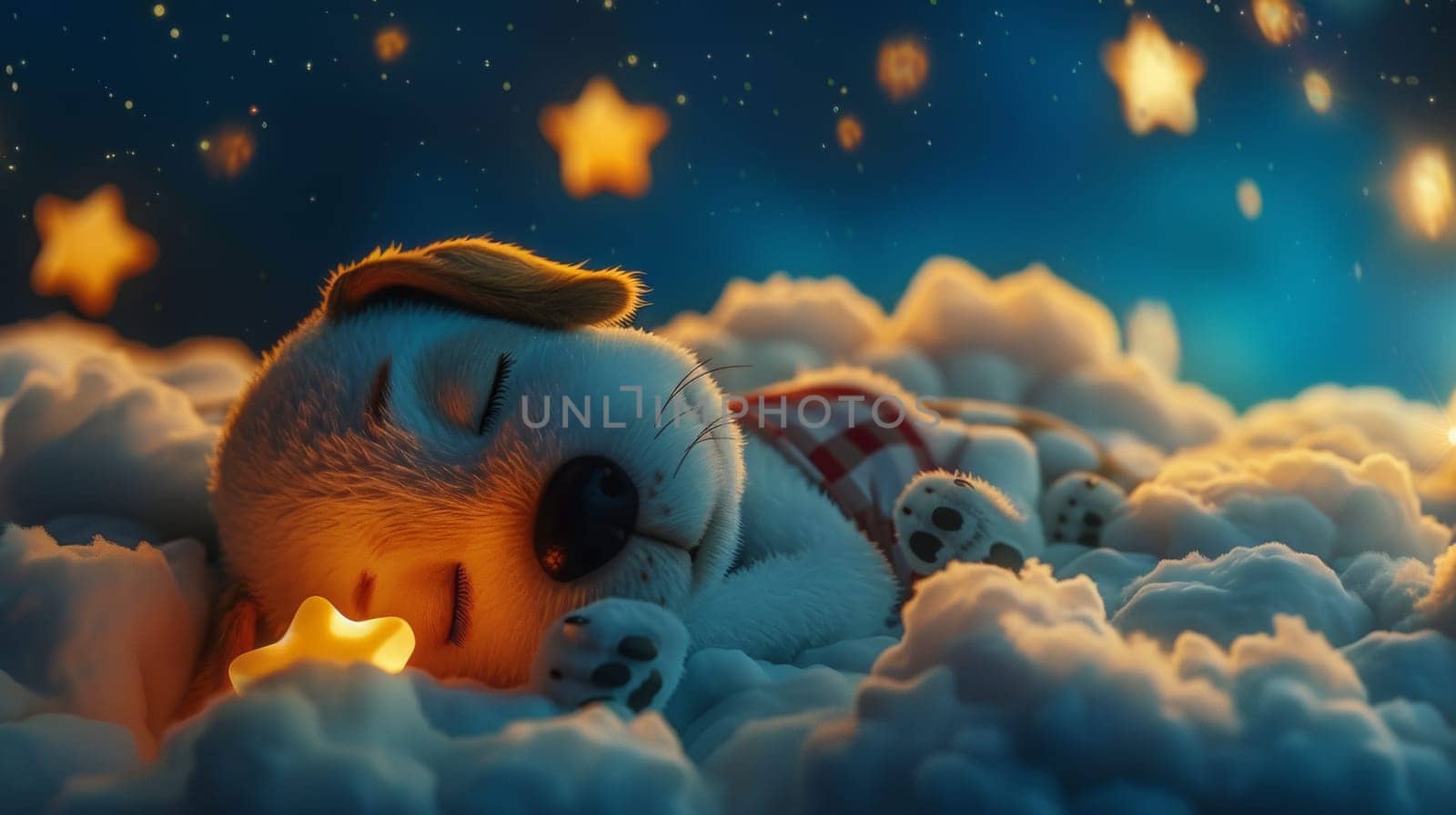 A cute little puppy sleeping on a cloud with stars