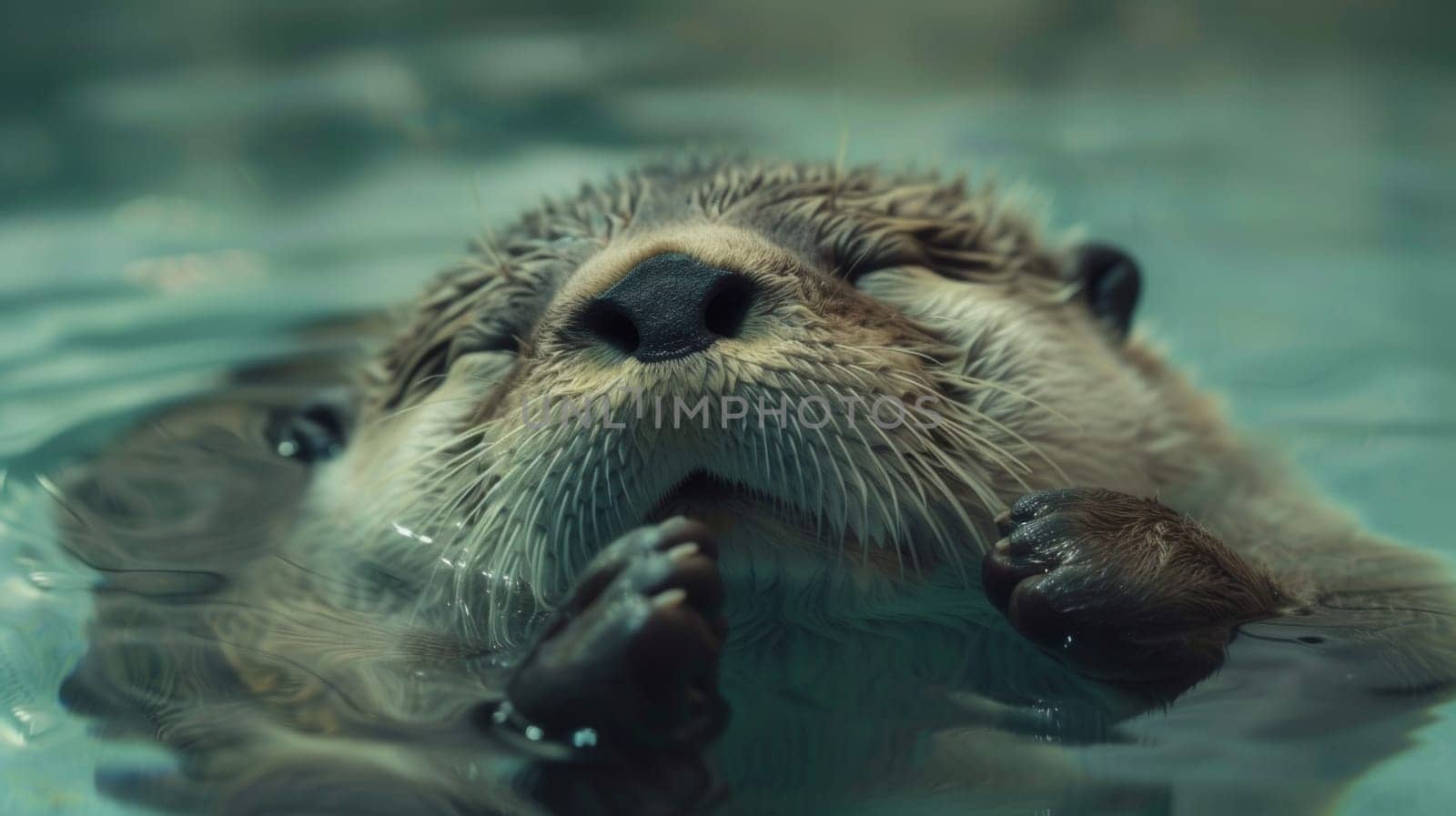 A close up of an otter swimming in the water with its eyes closed