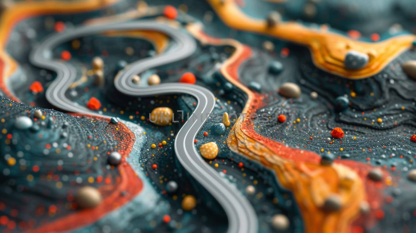 A close up of a road with mountains and other objects