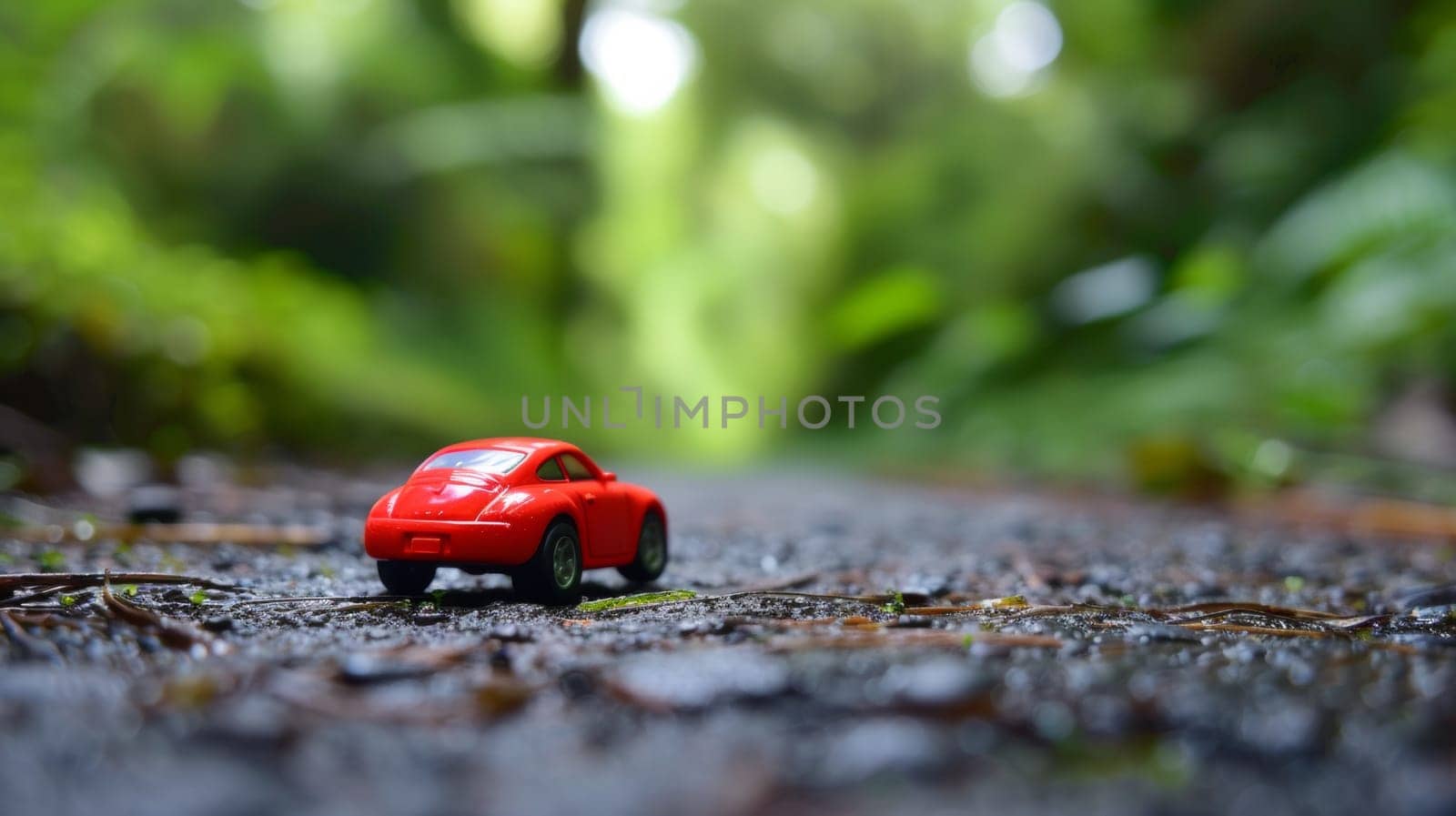 A red toy car on a dirt road in the woods