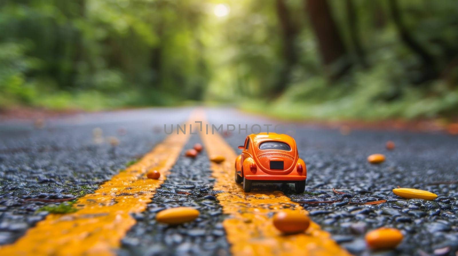 A toy car is driving down a road with orange pebbles