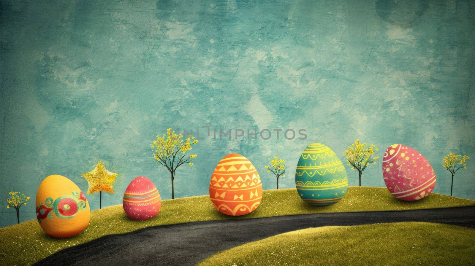 A group of painted eggs on a grassy hill with trees